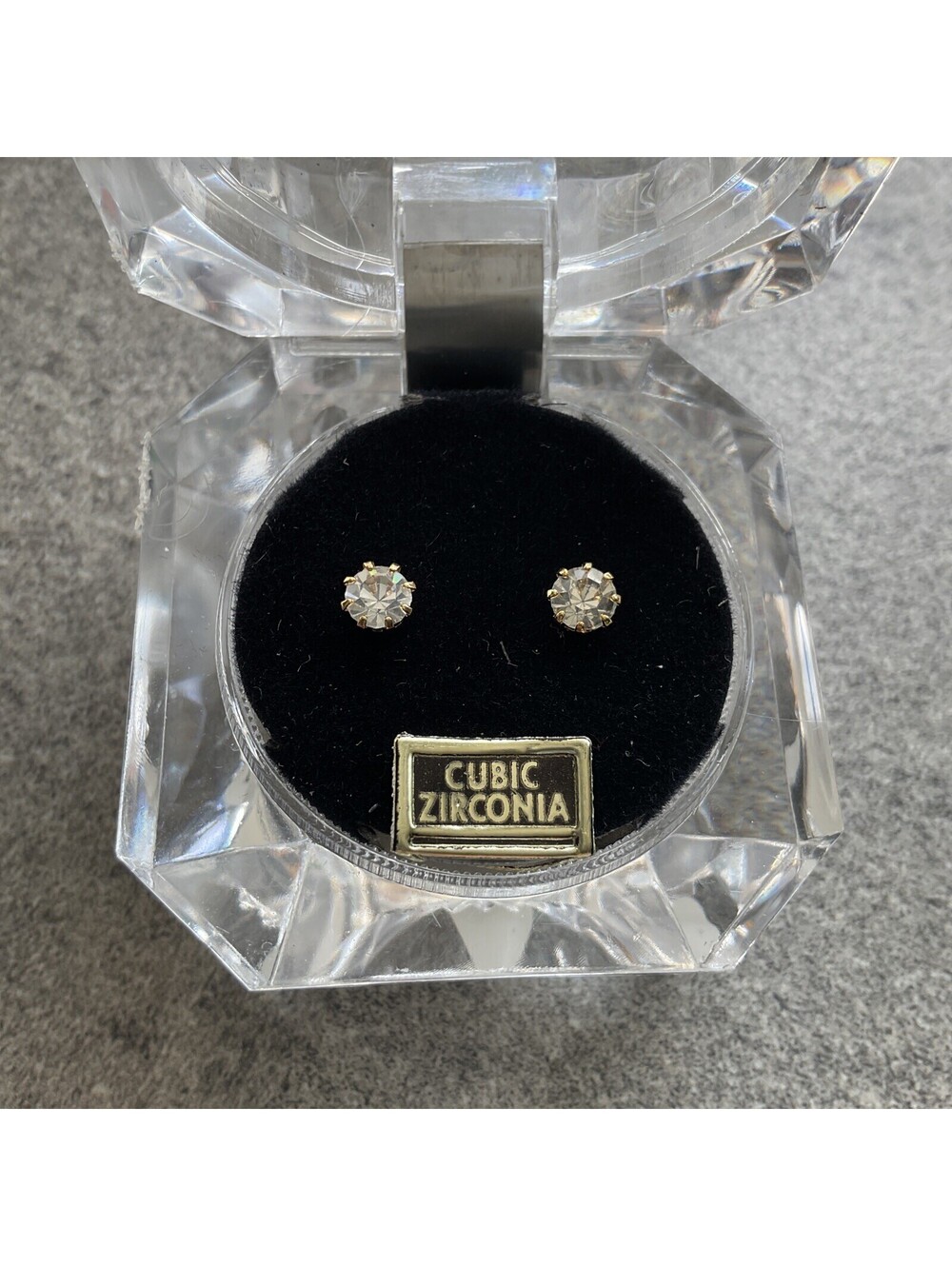 New Old Stock Vintage Cubic Zirconia Earrings In Acrylic Crystal Case Bin L